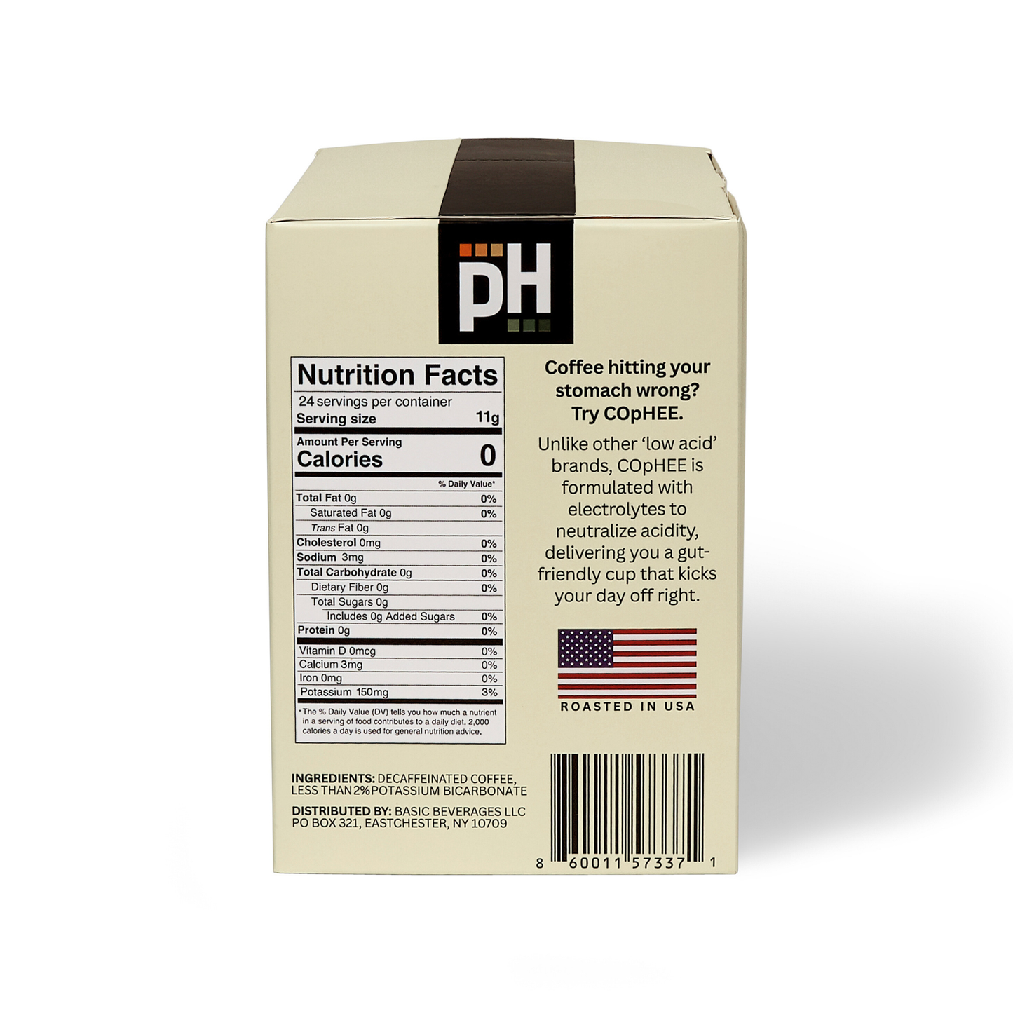 Box of coffee with nutrition facts label and branding on a white background