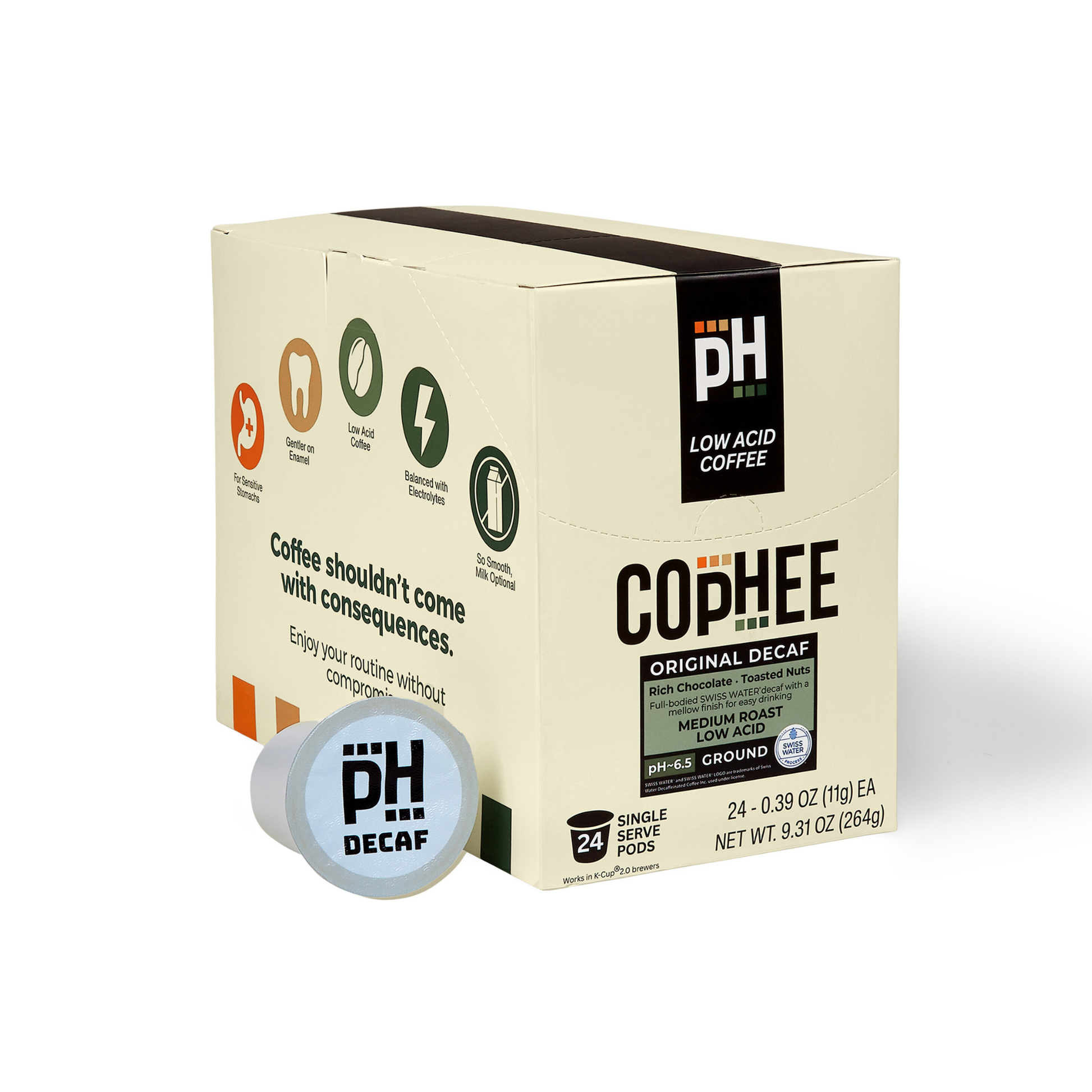 Box of PH Cophee Original Decaf coffee pods on a white background