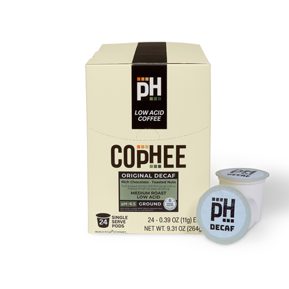 Box of Cophee Original Decaf coffee pods with a single pod on a white background