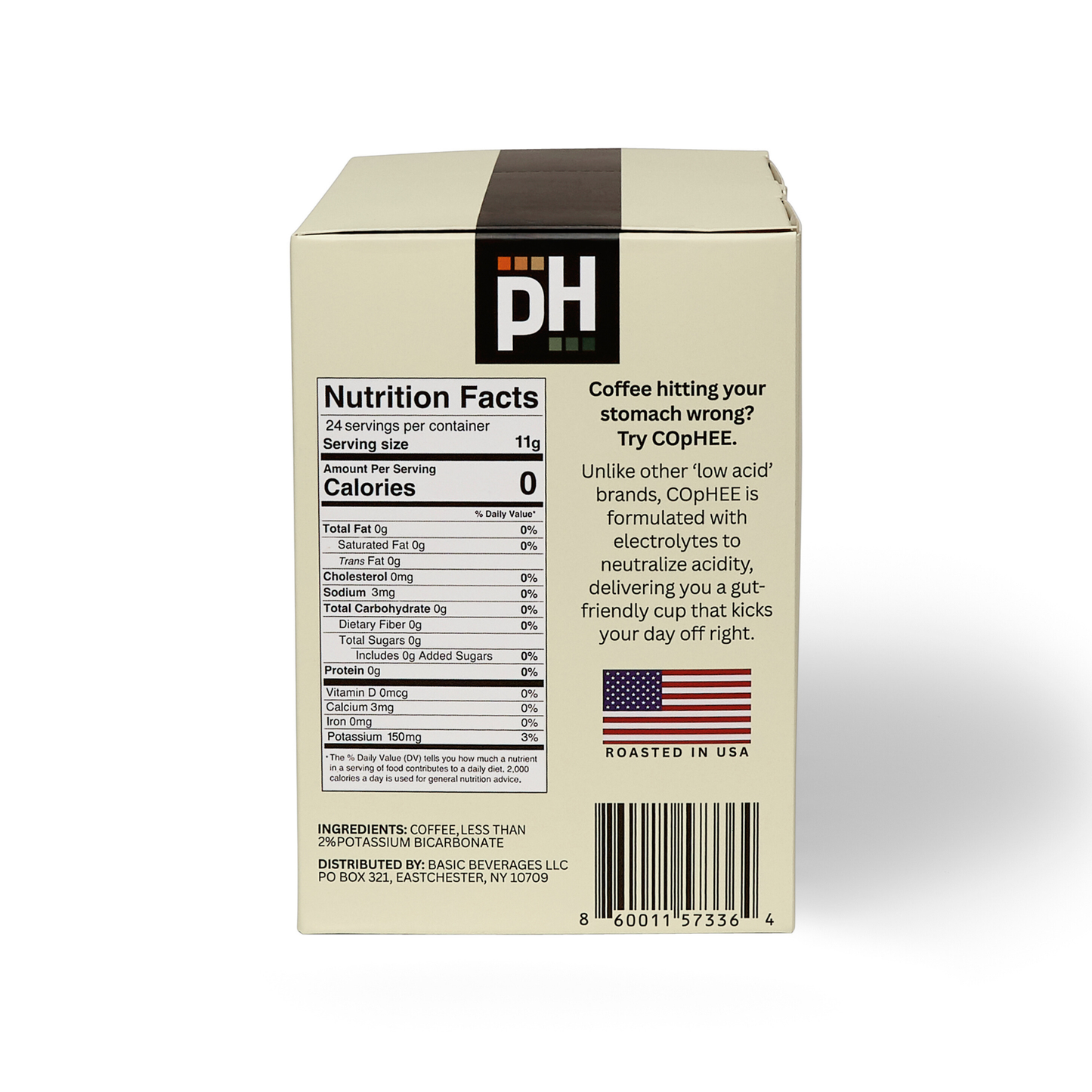 Box of coffee with nutrition facts label and branding on a white background