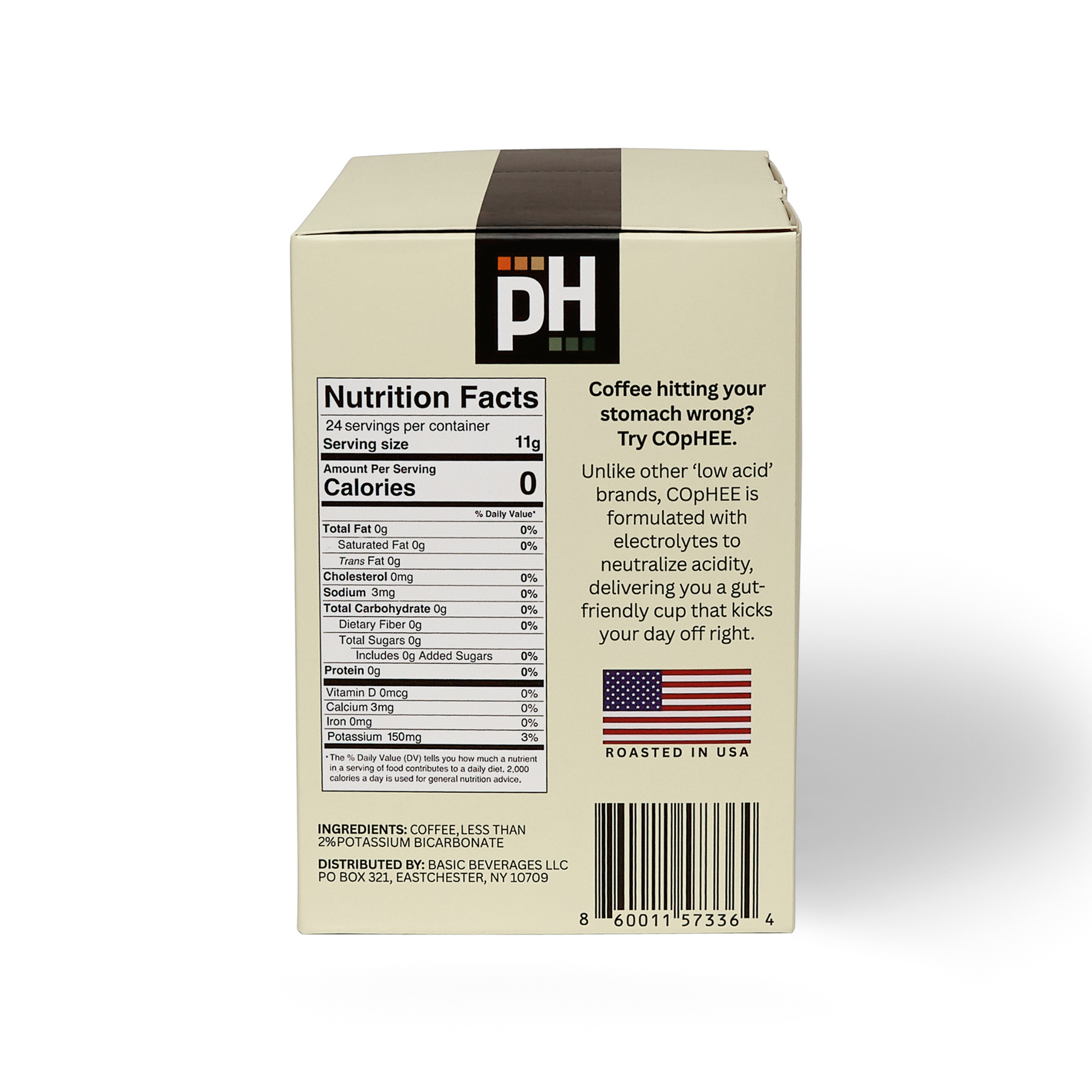 Box of coffee with nutrition facts label and branding on a white background