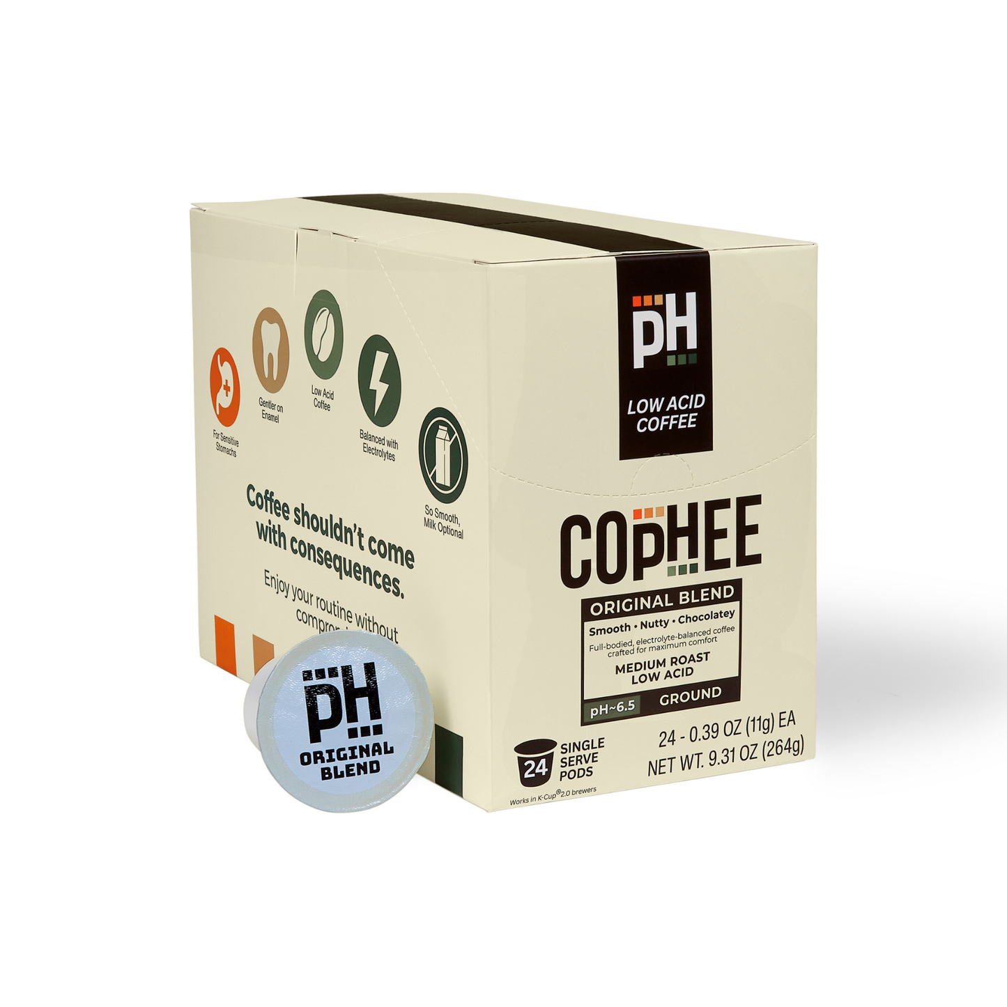 Box of Cophee Original Blend coffee pods with a single pod on a white background