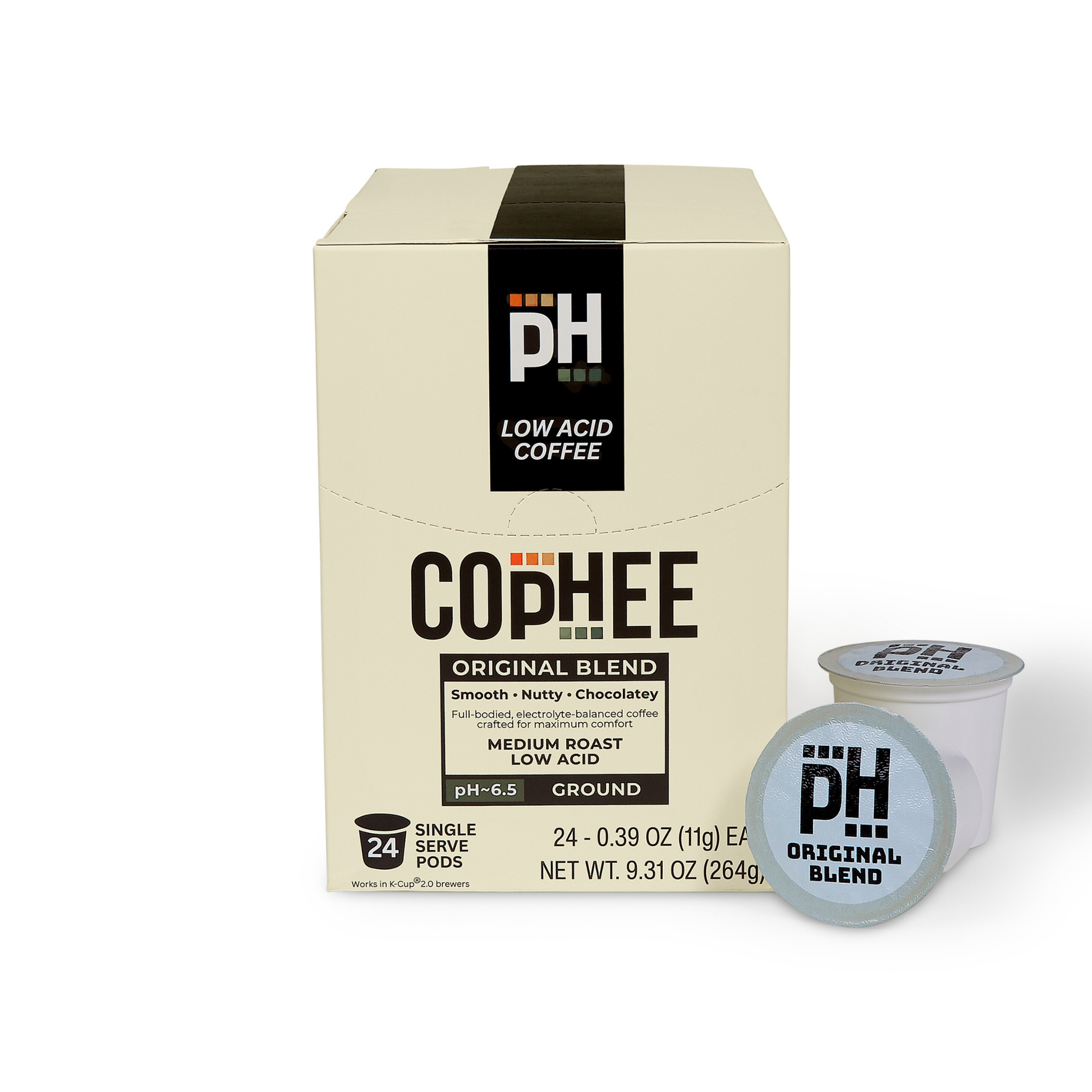 Box of Cophee Original Blend coffee with a single cup on a white background