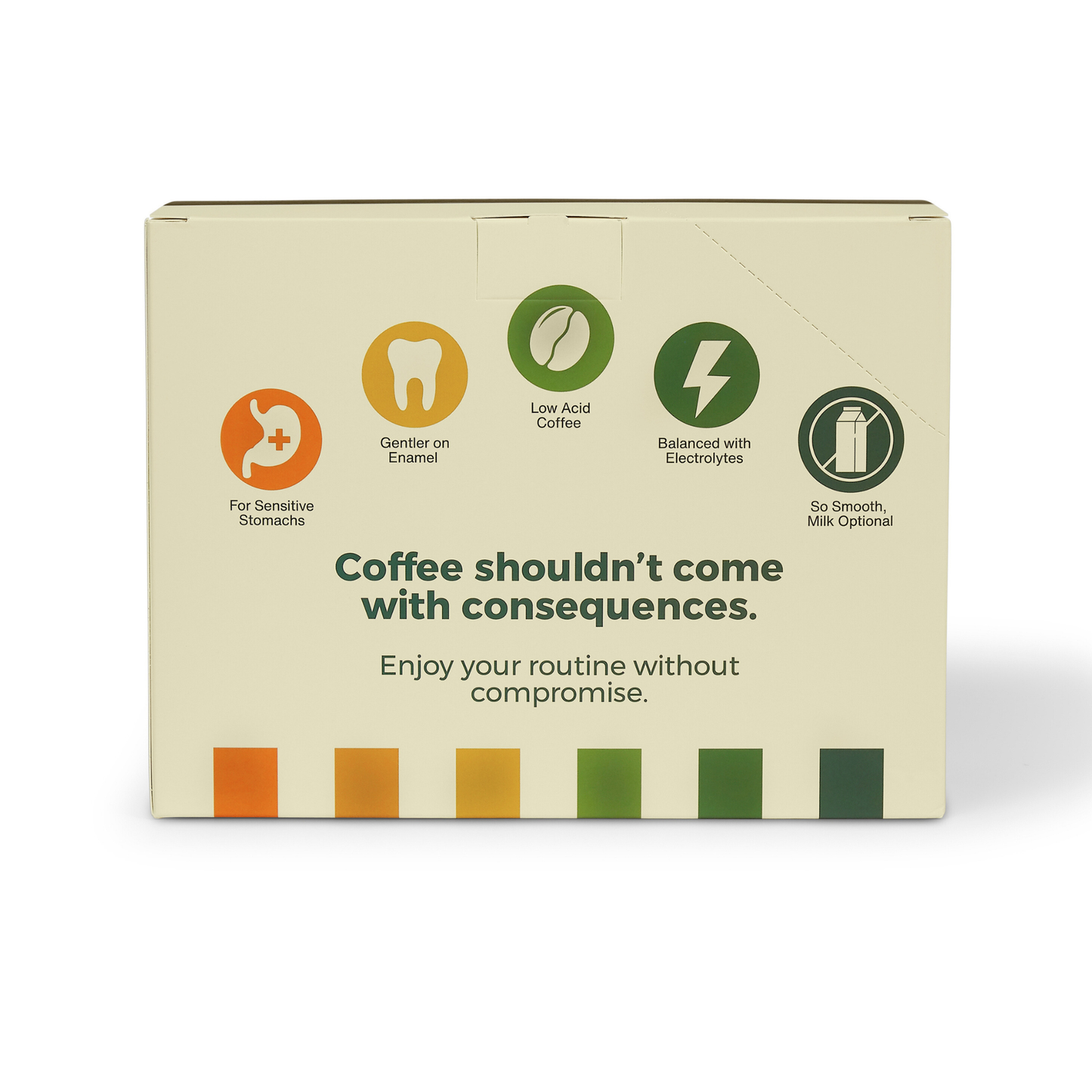 Coffee packaging with icons and text on a beige background